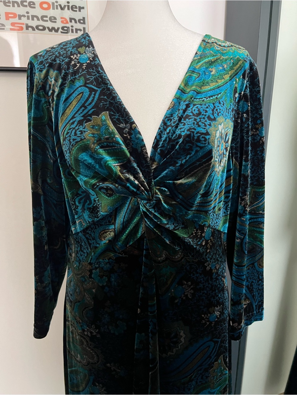 Coldwater Creek Paisley Print Twist-Front Stretch Velvet Maxi/Midi Dress Sz 16